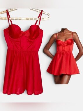 Victoria's Secret Red Bustier Corset Style Mini Slip Dress Bow Satin Sz M NWT